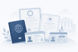Collection of identity documents including passport, ID cards, and driver’s license.