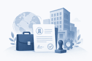 Business office with documents, briefcase, and gears representing corporate services.